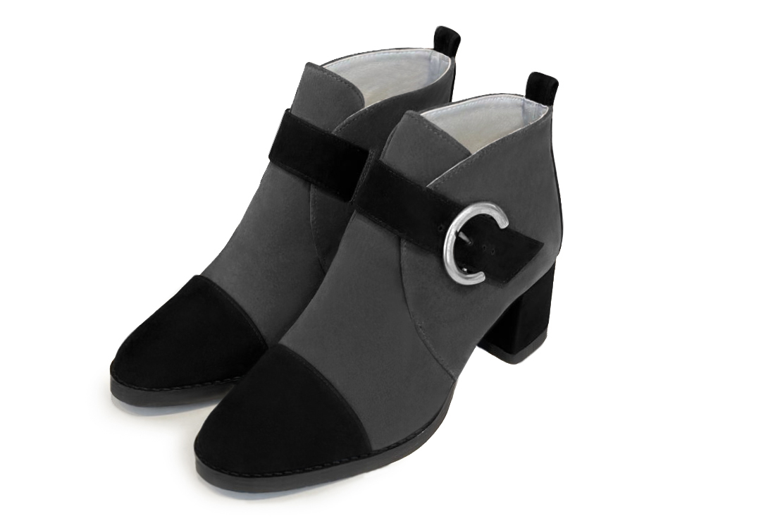 Matt black and dark grey women's ankle boots with buckles at the front. Round toe. Medium block heels. Front view - Florence KOOIJMAN